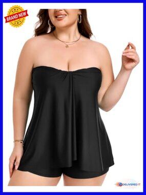 Bandeau Tankini 2 Piece Set with Shorts Tummy Control Plus Size Swimwear